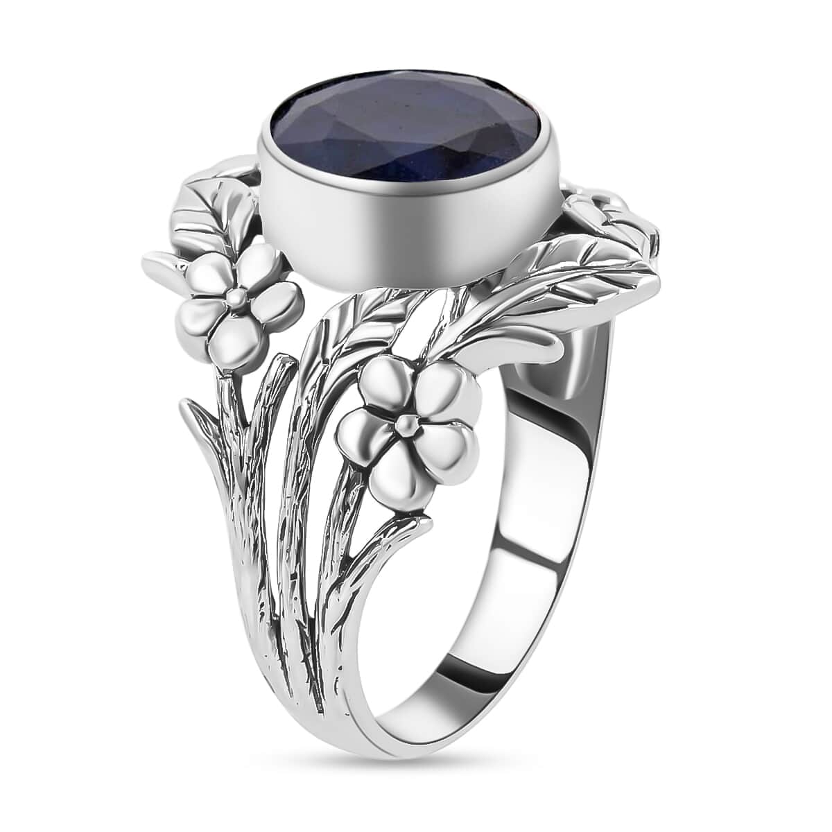 Bali Legacy Madagascar Blue Sapphire Leaf Ring | Madagascar Blue Sapphire Ring | Sapphire Solitaire Ring |Sterling Silver Ring | Silver Solitaire Ring 4.65 ctw (Size 10) image number 5