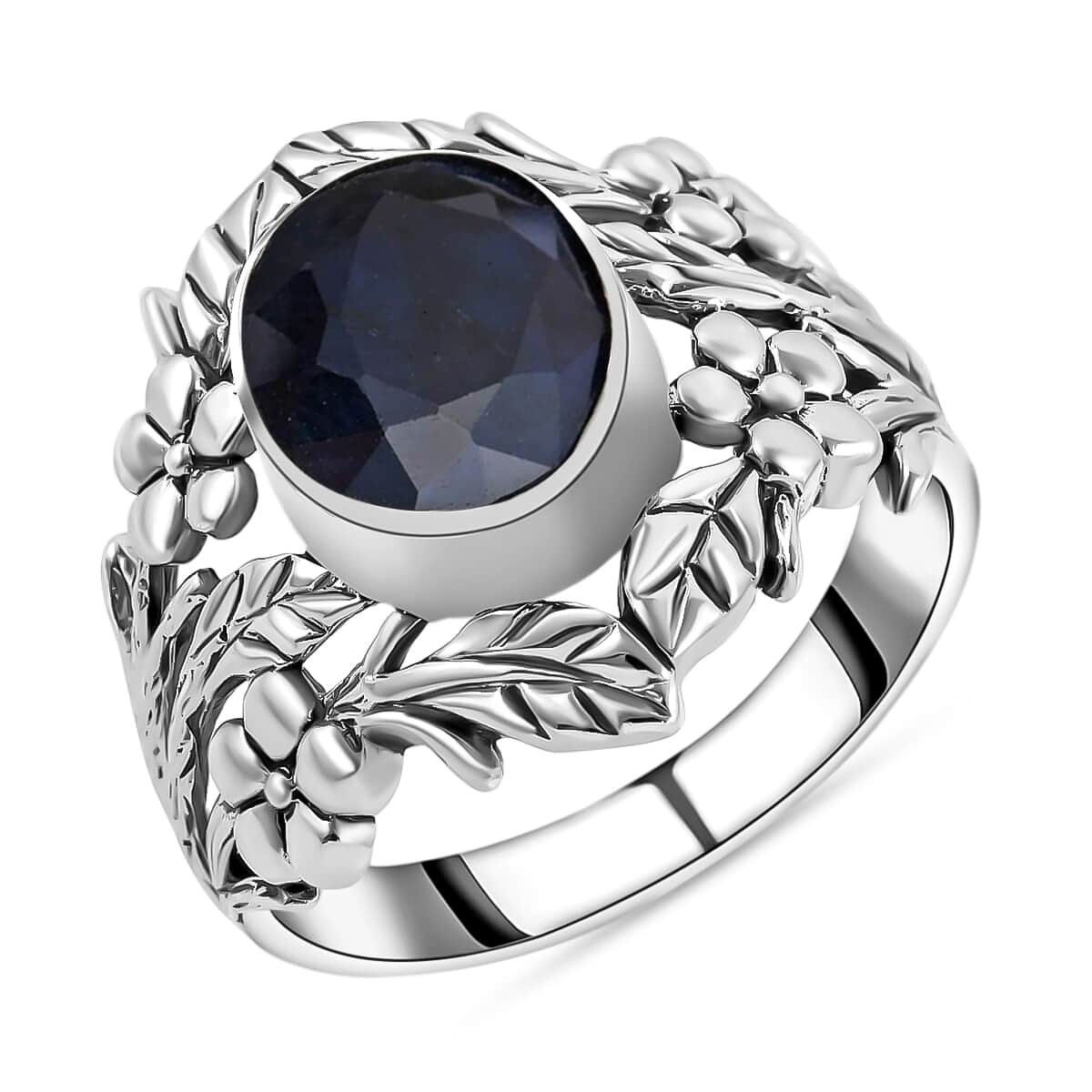 Bali Legacy Madagascar Blue Sapphire 4.65 ctw Leaf Ring | Madagascar Blue Sapphire Ring | Sapphire Solitaire Ring |Sterling Silver Ring | Silver Solitaire Ring (Size 11) image number 0