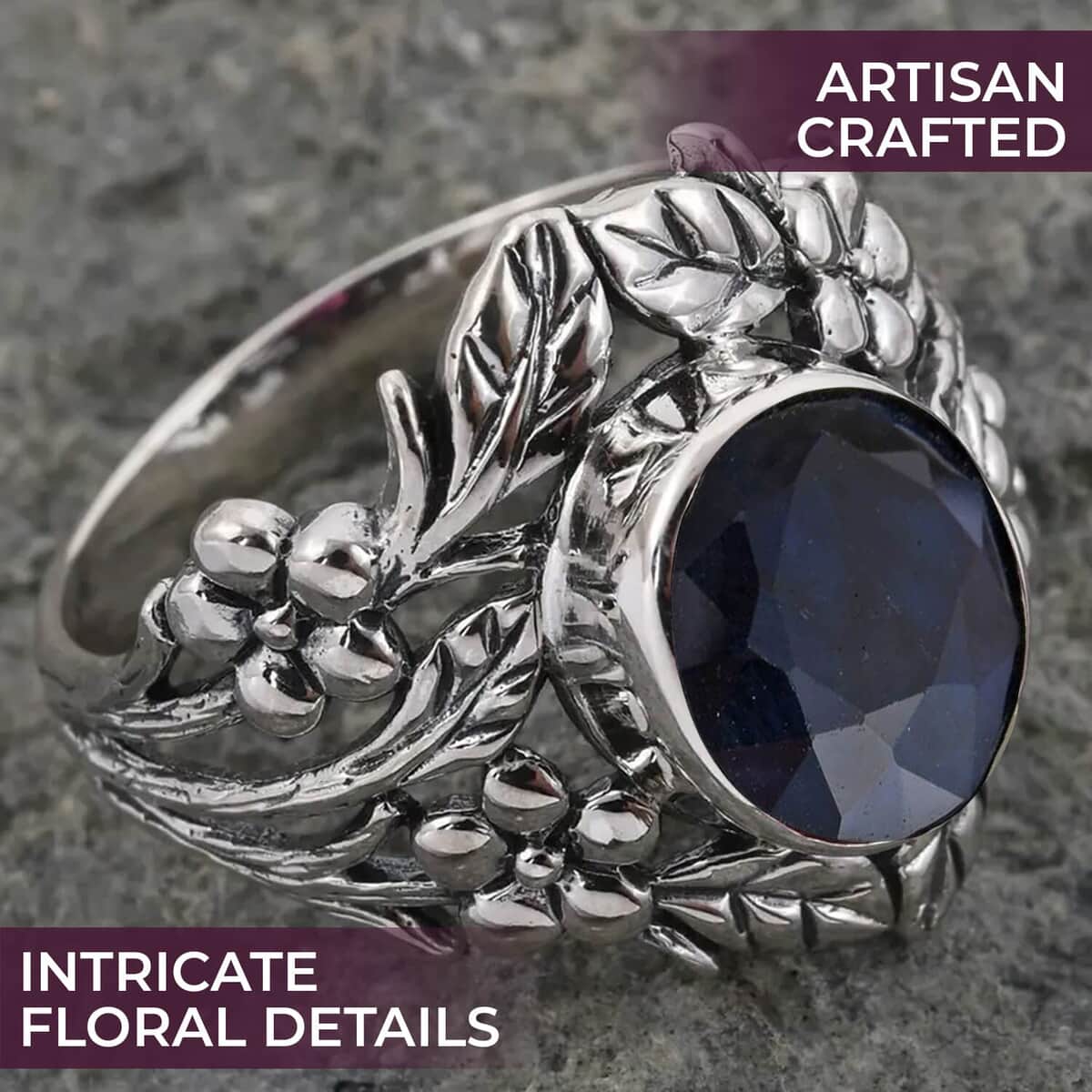 Bali Legacy Madagascar Blue Sapphire 4.65 ctw Leaf Ring | Madagascar Blue Sapphire Ring | Sapphire Solitaire Ring |Sterling Silver Ring | Silver Solitaire Ring (Size 11) image number 1