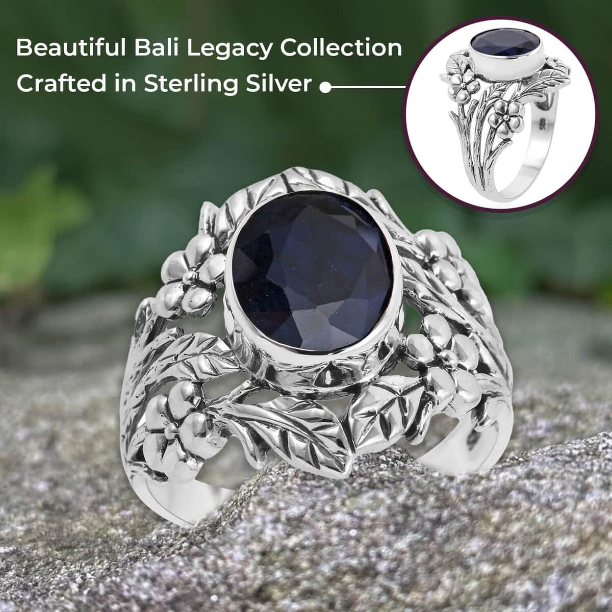 Bali Legacy Madagascar Blue Sapphire 4.65 ctw Leaf Ring | Madagascar Blue Sapphire Ring | Sapphire Solitaire Ring |Sterling Silver Ring | Silver Solitaire Ring (Size 11) image number 3