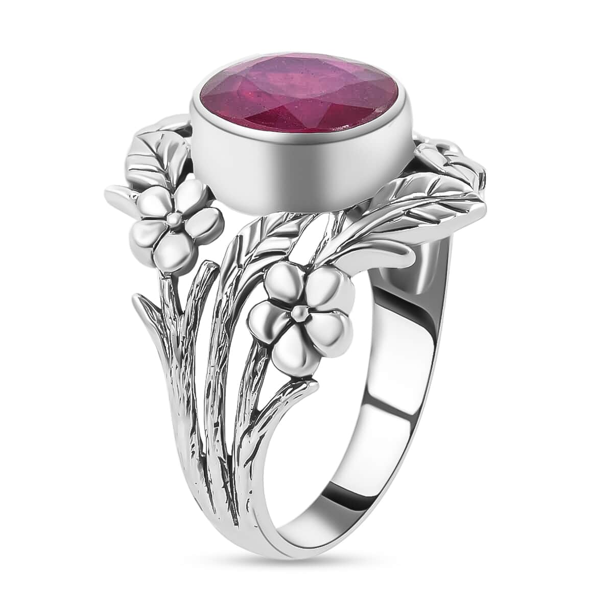 Bali Legacy Niassa Ruby (FF) Leaf Ring | Niassa Ruby Ring | Ruby Solitaire Ring | Sterling Silver Ring | Silver Solitaire Ring 5.35 ctw (Size 10.0) image number 5