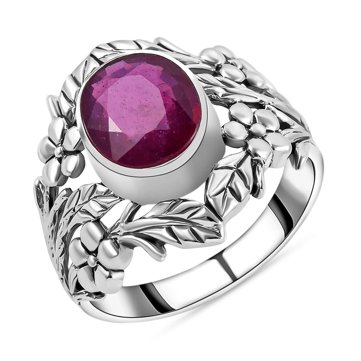 Mother’s Day Gift Bali Legacy Niassa Ruby (FF) Leaf Ring | Niassa Ruby Ring | Ruby Solitaire Ring | Sterling Silver Ring | Silver Solitaire Ring 5.35 ctw (Size 7.0) image number 0