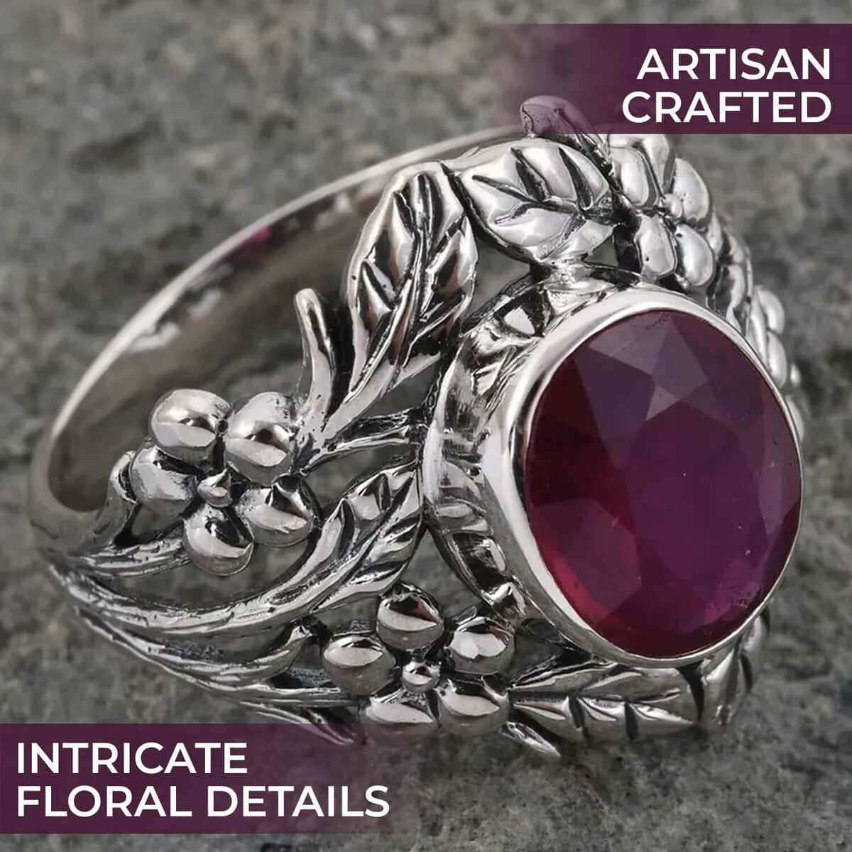 Mother’s Day Gift Bali Legacy Niassa Ruby (FF) Leaf Ring | Niassa Ruby Ring | Ruby Solitaire Ring | Sterling Silver Ring | Silver Solitaire Ring 5.35 ctw (Size 7.0) image number 1