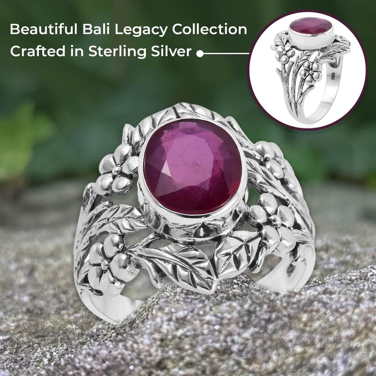 Mother’s Day Gift Bali Legacy Niassa Ruby (FF) Leaf Ring | Niassa Ruby Ring | Ruby Solitaire Ring | Sterling Silver Ring | Silver Solitaire Ring 5.35 ctw (Size 7.0) image number 3