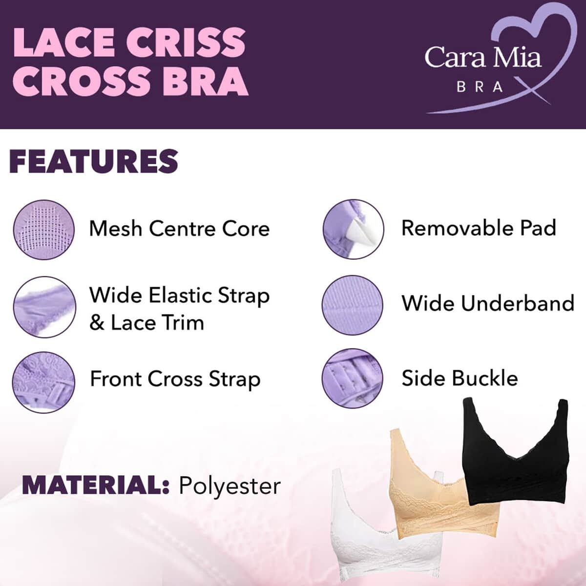 Closeout Cara Mia Lace Criss Cross Bras 3 Pack (Size - Medium, Nude, Black and White) image number 1