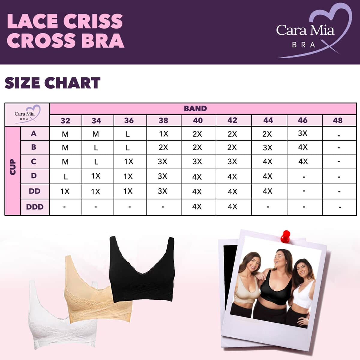 Closeout Cara Mia Lace Criss Cross Bras 3 Pack (Size - Medium, Nude, Black and White) image number 2