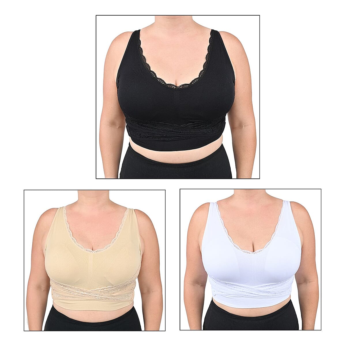 Closeout Cara Mia Lace Criss Cross Bras - 3 pack (Size - 1X, Nude, Black and White) image number 0
