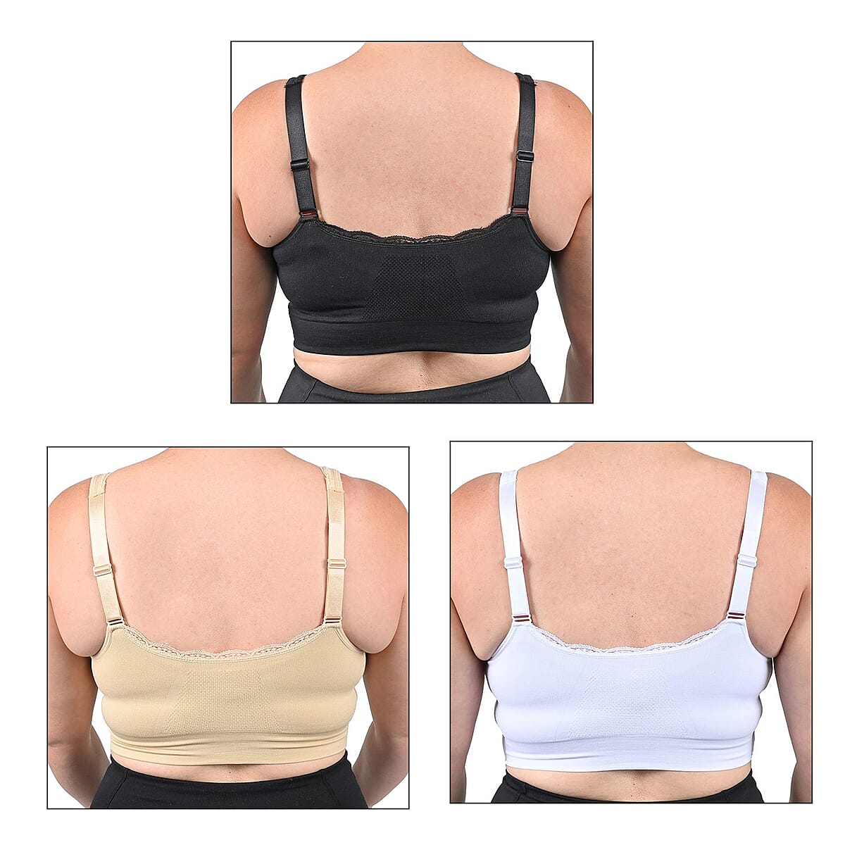 Closeout Cara Mia Lace Criss Cross Bras - 3 pack (Size - 2X, Nude, Black and White) image number 4