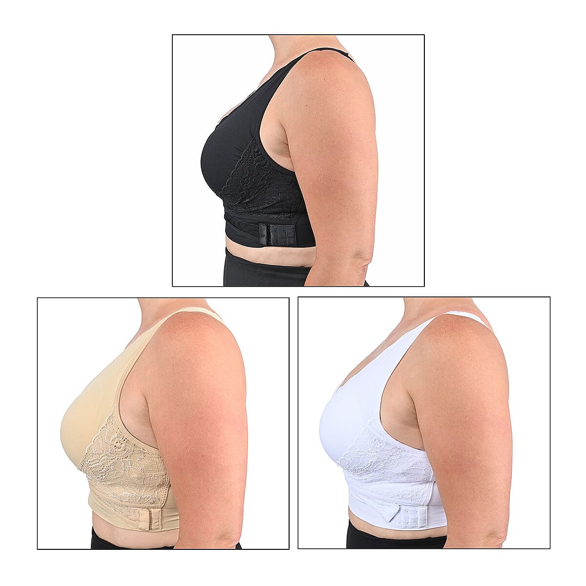 Closeout Cara Mia Lace Criss Cross Bras - 3 pack (Size - 2X, Nude, Black and White) image number 5