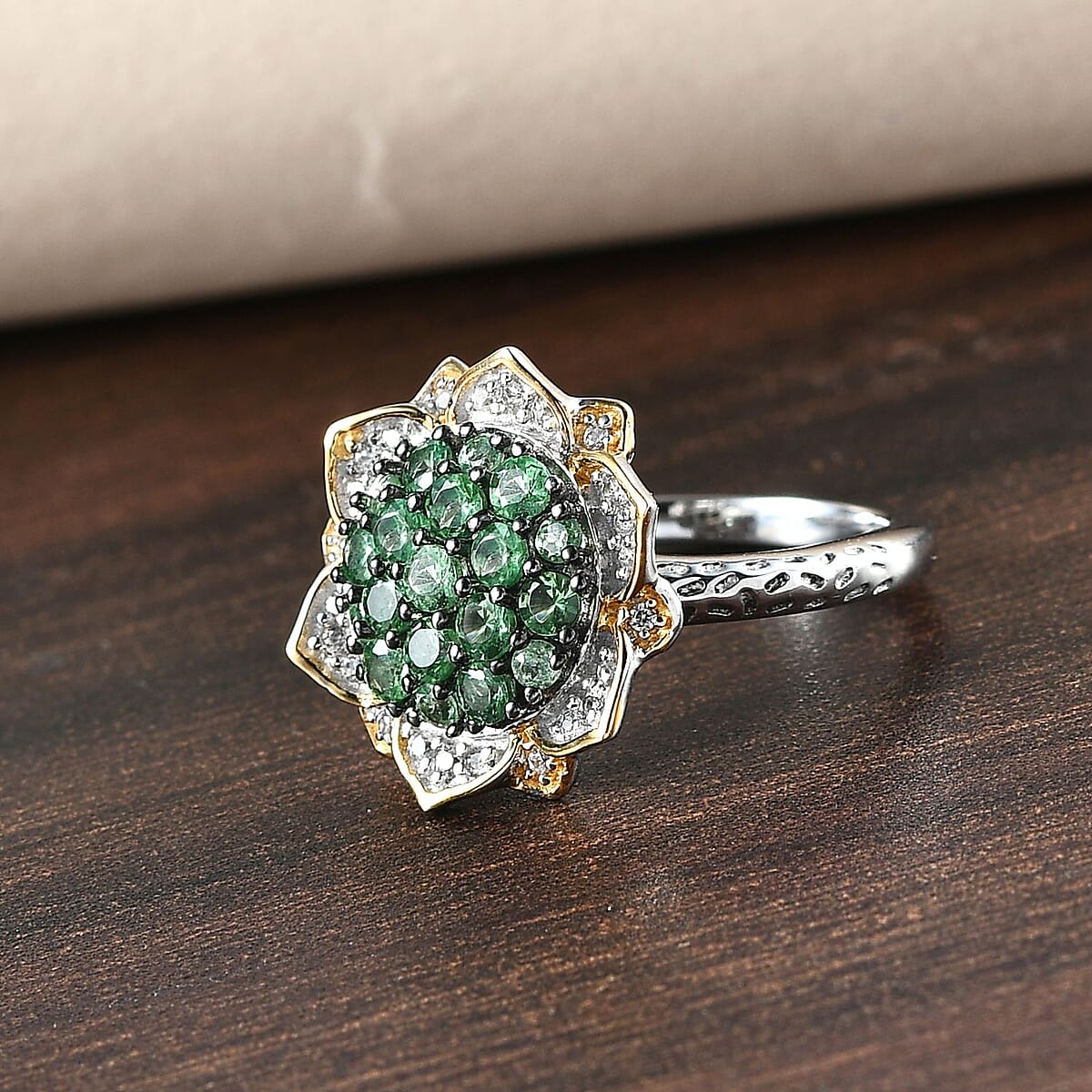 Merelani Mint Garnet and Natural White Zircon Floral Ring in Vermeil Yellow Gold and Platinum Over Sterling Silver 1.15 ctw image number 1