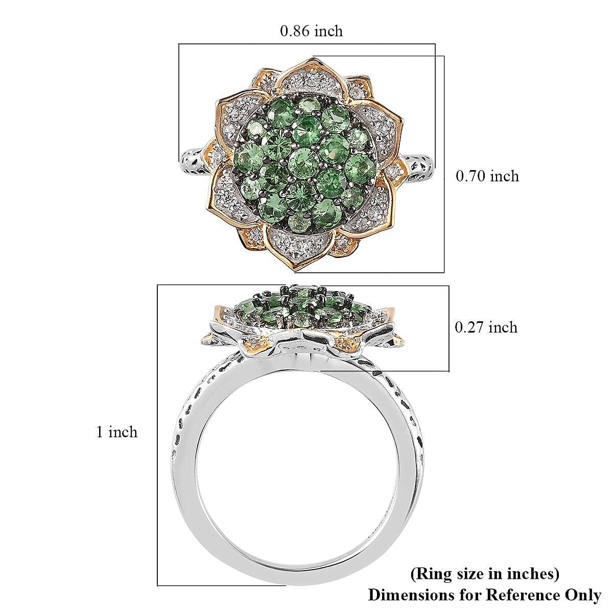 Merelani Mint Garnet and Natural White Zircon Floral Ring in Vermeil Yellow Gold and Platinum Over Sterling Silver (Size 6.0) 1.15 ctw image number 5