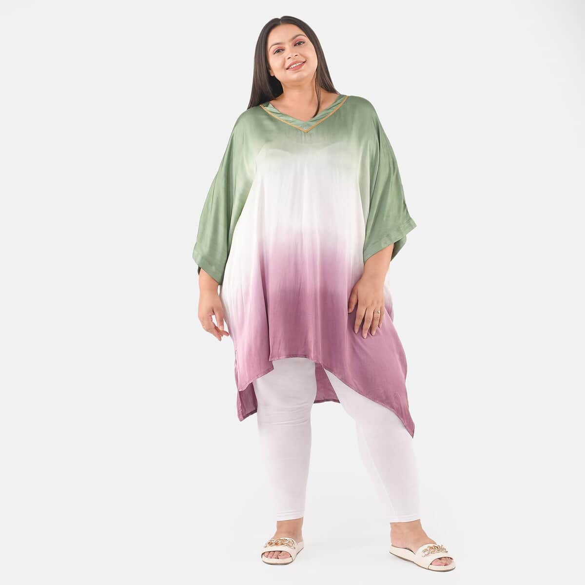 Tamsy Dark Green Ombre Dye V-Neck With Lace Tunic - One Size Fits Most image number 0