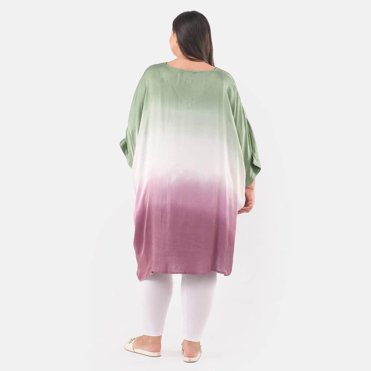 Tamsy Dark Green Ombre Dye V-Neck With Lace Tunic - One Size Fits Most image number 1