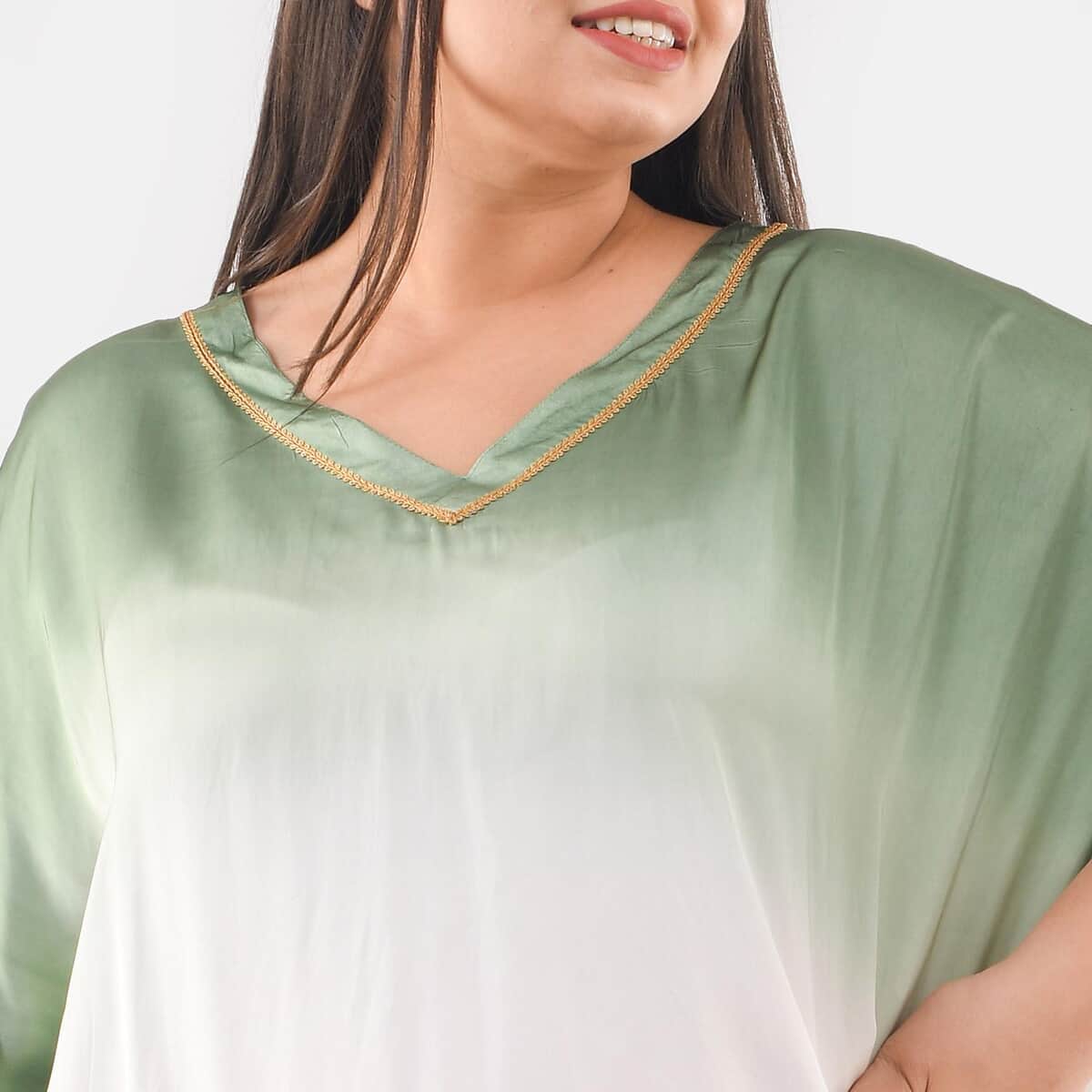 Tamsy Dark Green Ombre Dye V-Neck With Lace Tunic - One Size Fits Most image number 3