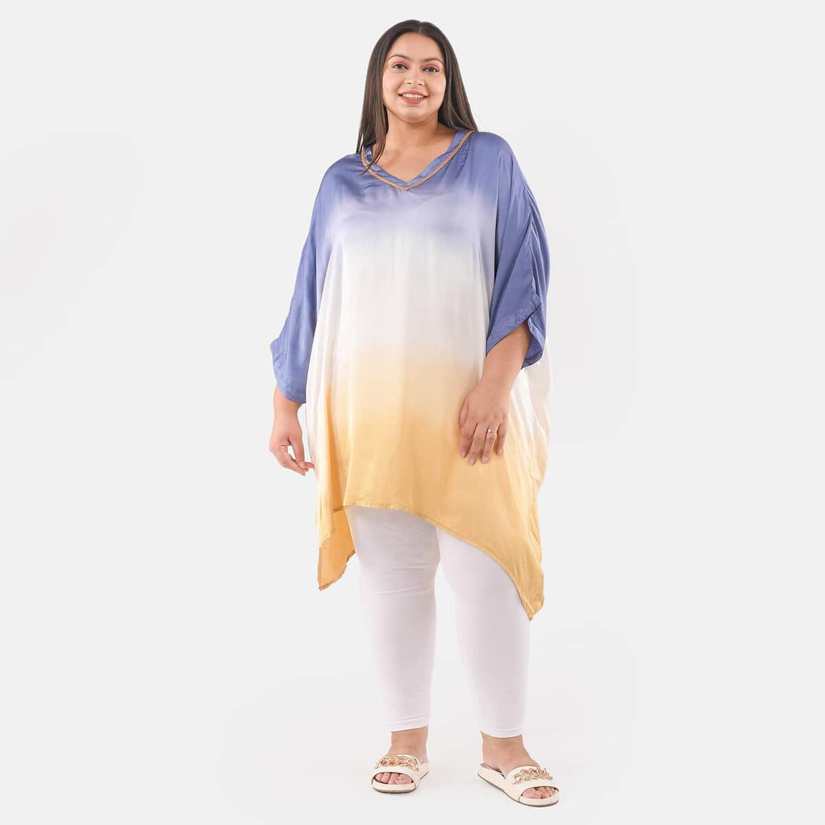 Tamsy Lavender Blue Ombre Dye V-Neck With Lace Tunic - One Size Fits Most image number 0