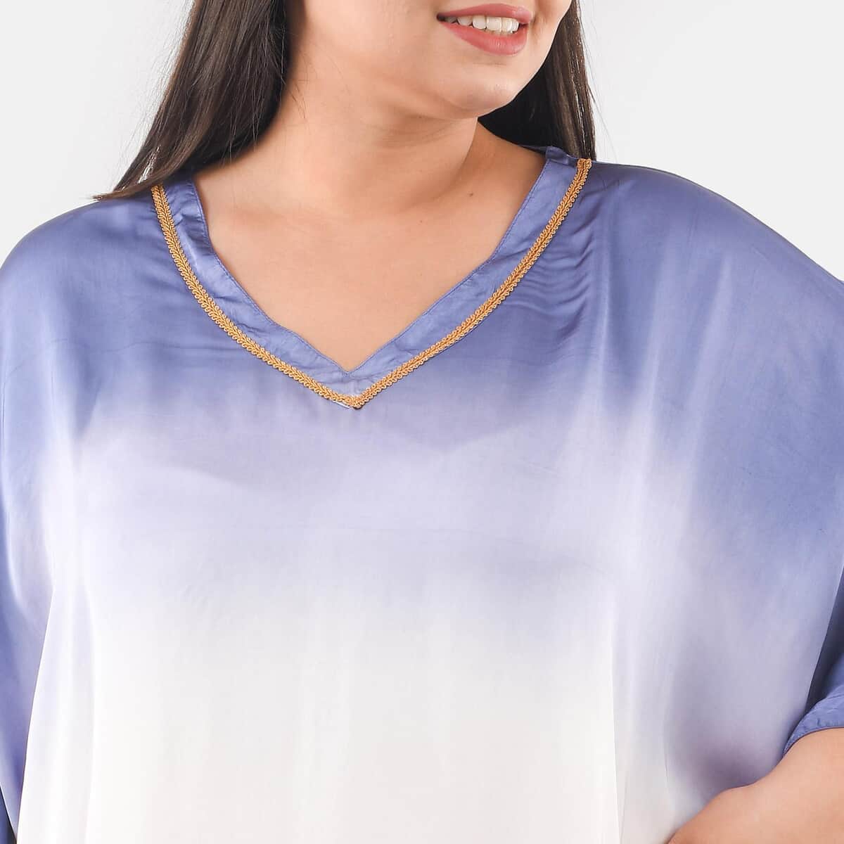 Tamsy Lavender Blue Ombre Dye V-Neck With Lace Tunic - One Size Fits Most image number 3