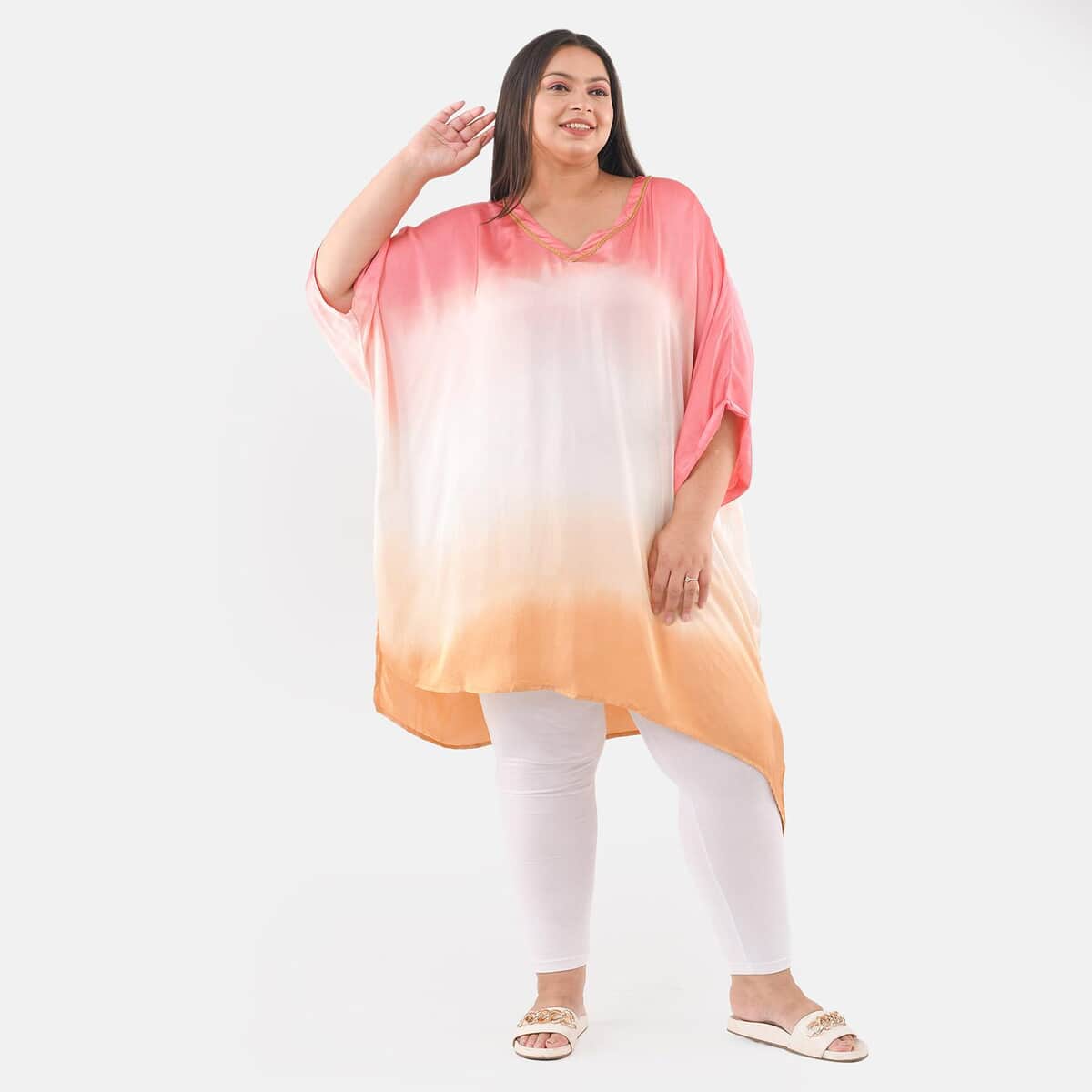 Tamsy Pink Ombre Dye V-Neck With Lace Tunic - One Size Fits Most image number 0