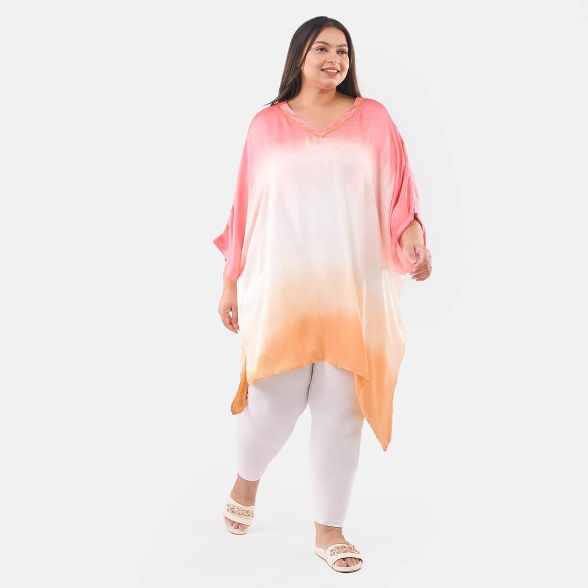 Tamsy Pink Ombre Dye V-Neck With Lace Tunic - One Size Fits Most image number 2