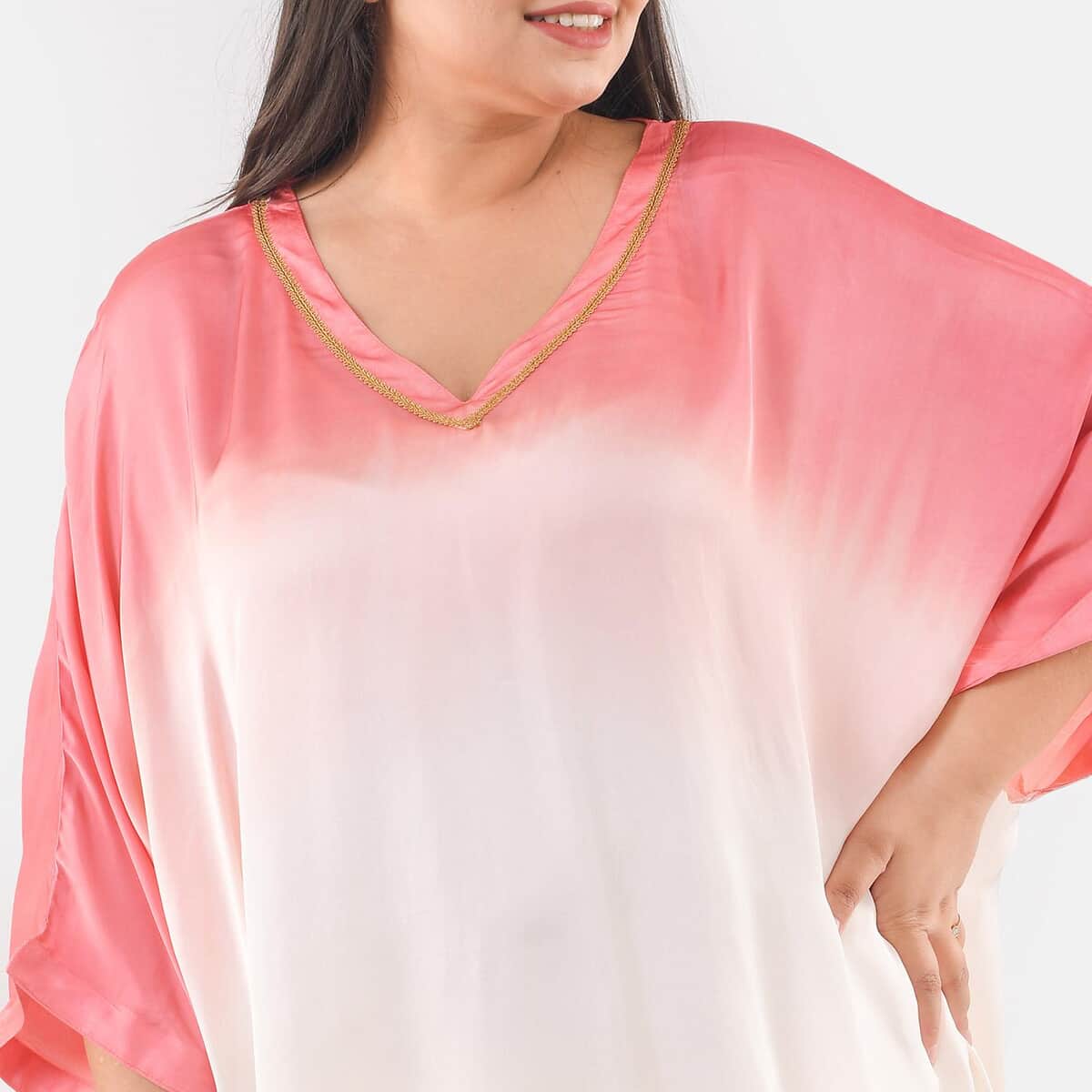 Tamsy Pink Ombre Dye V-Neck With Lace Tunic - One Size Fits Most image number 3