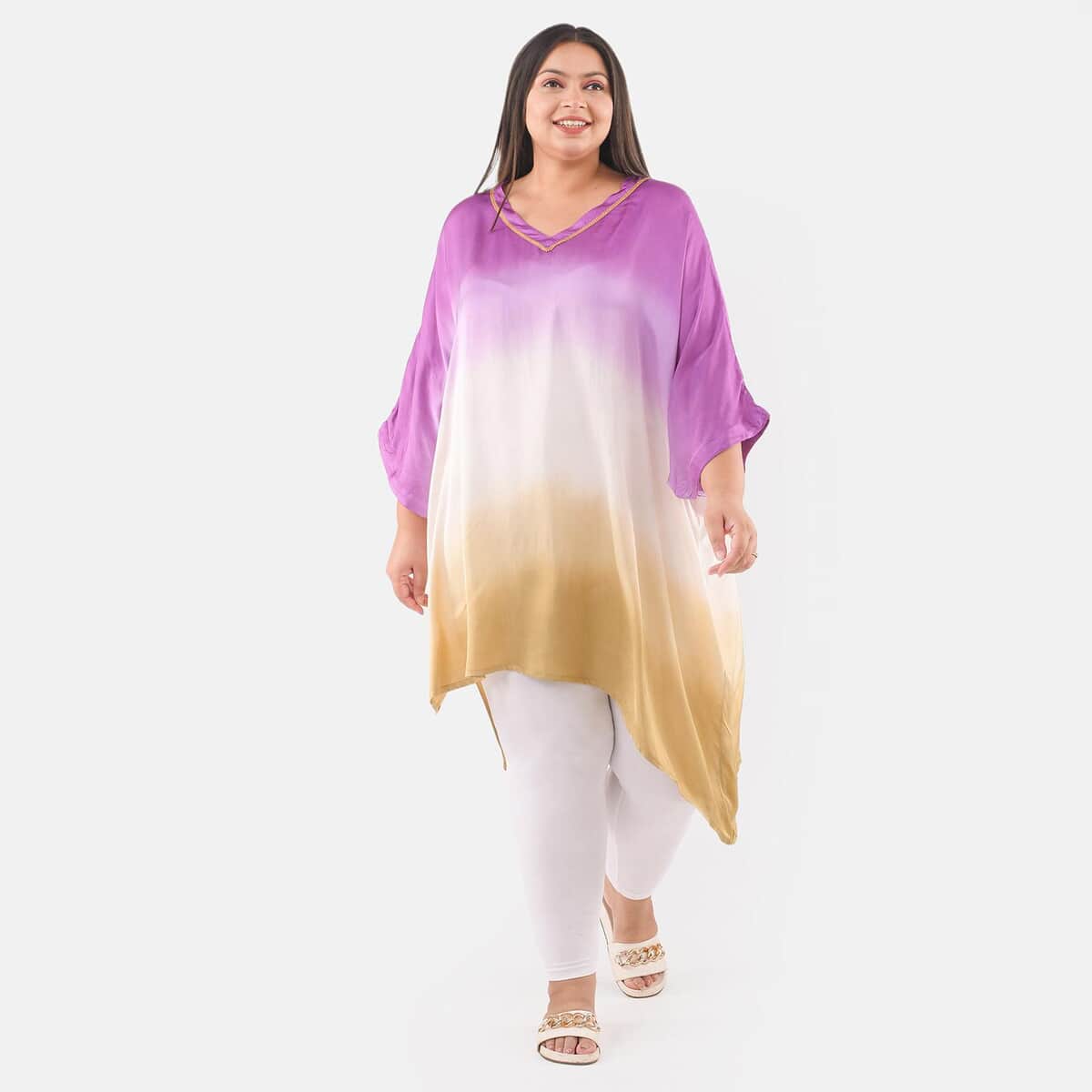 Tamsy Dark Purple Ombre Dye V-Neck with Lace Long Kaftan - One Size Fits Most image number 0