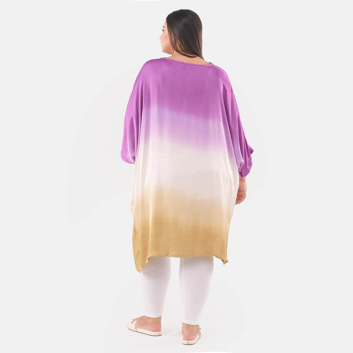 Tamsy Dark Purple Ombre Dye V-Neck with Lace Long Kaftan - One Size Fits Most image number 1