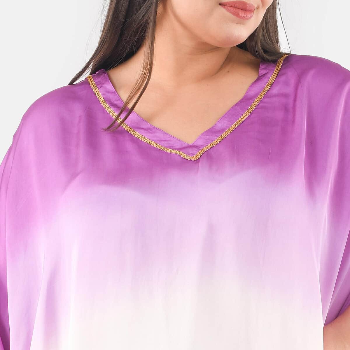 Tamsy Dark Purple Ombre Dye V-Neck with Lace Long Kaftan - One Size Fits Most image number 3