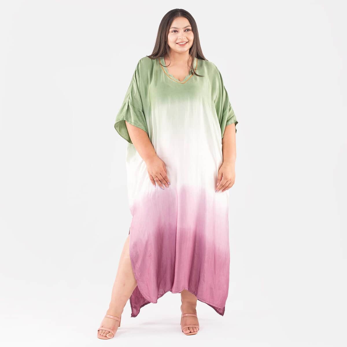 Tamsy Dark Green Ombre Dye V-Neck with Lace Long Kaftan - One Size Fits Mos image number 0