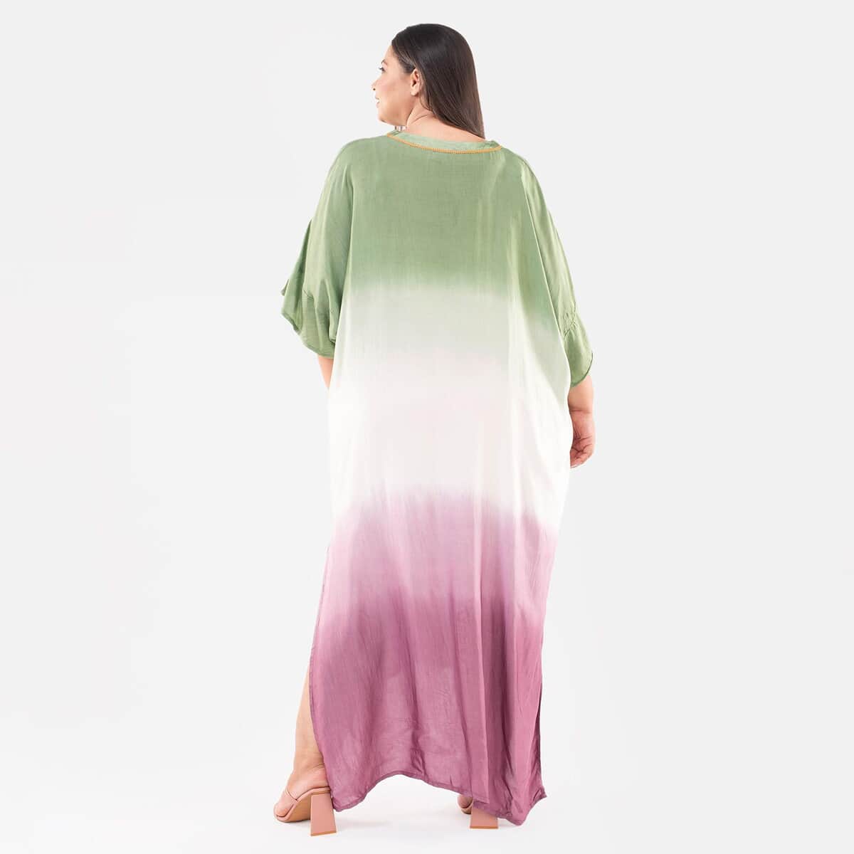 Tamsy Dark Green Ombre Dye V-Neck with Lace Long Kaftan - One Size Fits Mos image number 1