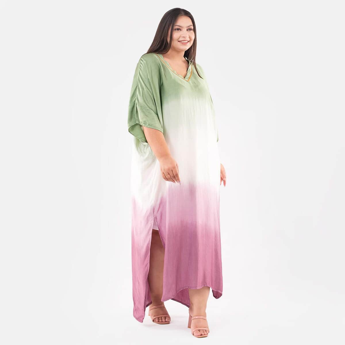 Tamsy Dark Green Ombre Dye V-Neck with Lace Long Kaftan - One Size Fits Mos image number 2