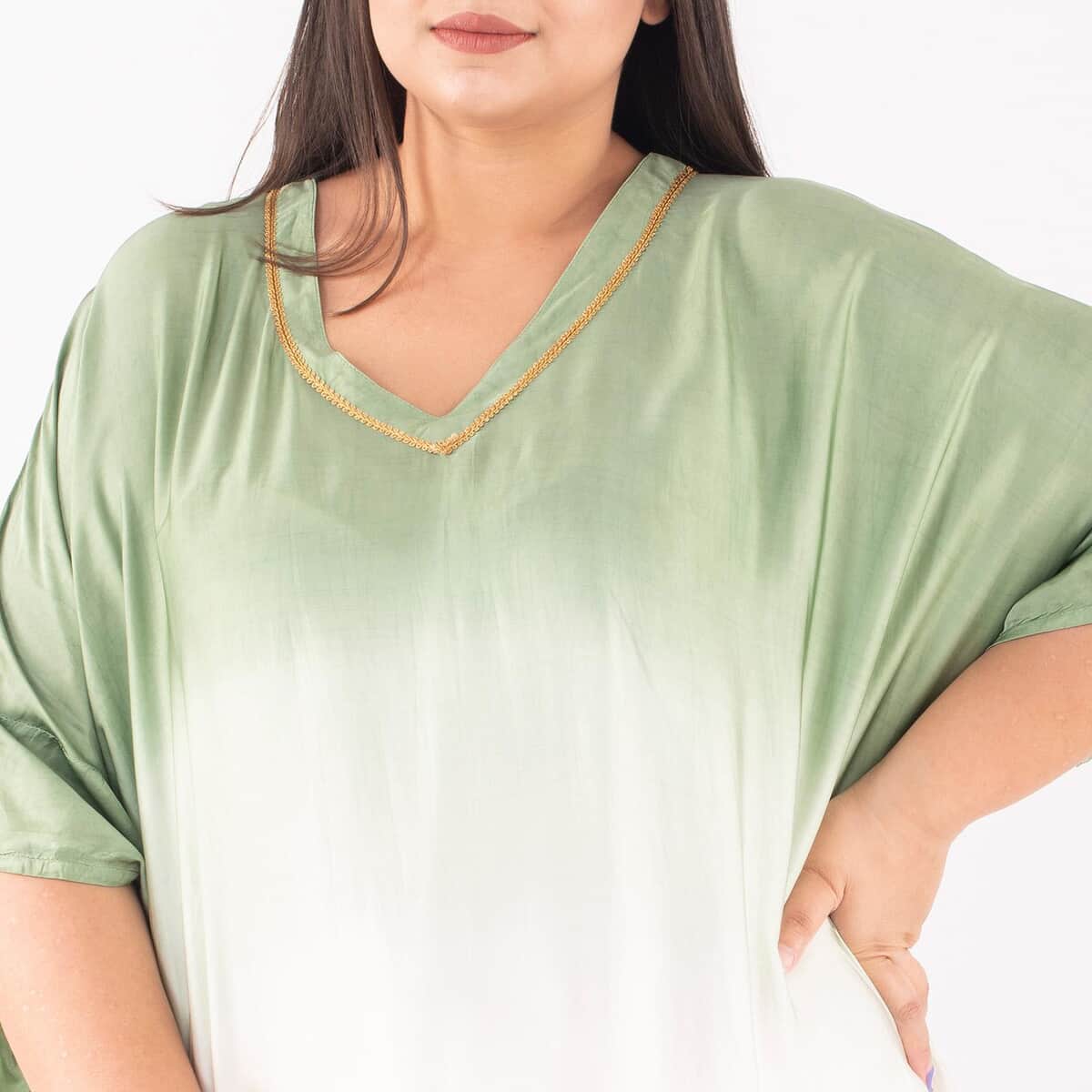 Tamsy Dark Green Ombre Dye V-Neck with Lace Long Kaftan - One Size Fits Mos image number 3