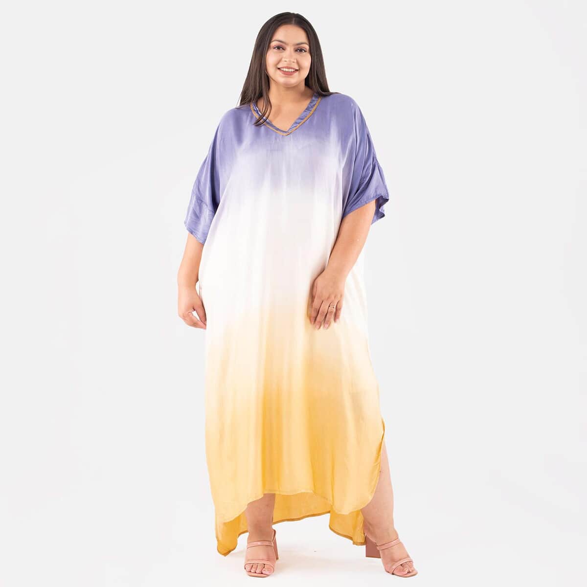 Tamsy Royal Blue Ombre Dye V-Neck with Lace Long Kaftan - One Size Fits Most image number 0