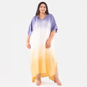 Tamsy Royal Blue Ombre Dye V-Neck with Lace Long Kaftan - One Size Fits Most