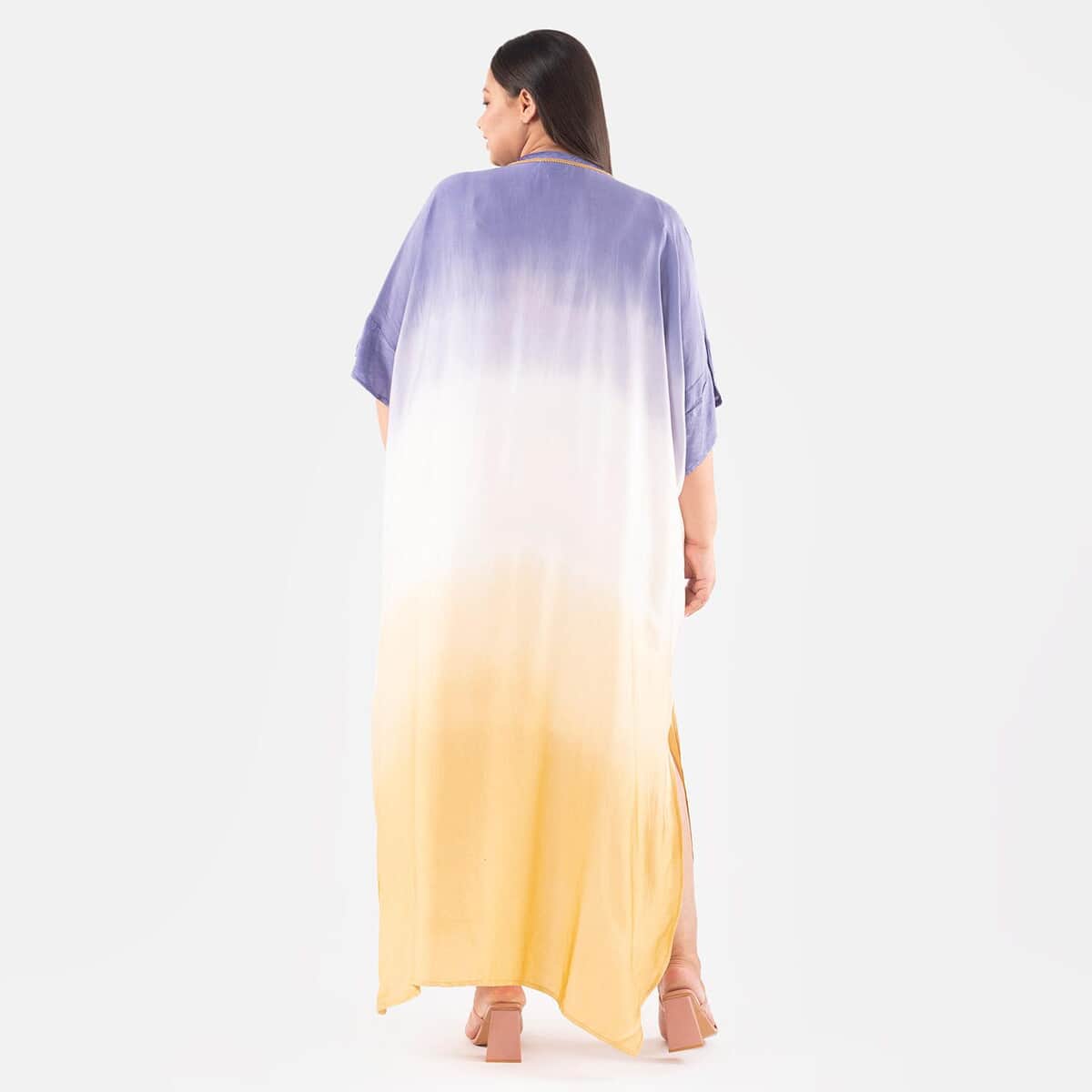 Tamsy Royal Blue Ombre Dye V-Neck with Lace Long Kaftan - One Size Fits Most image number 1