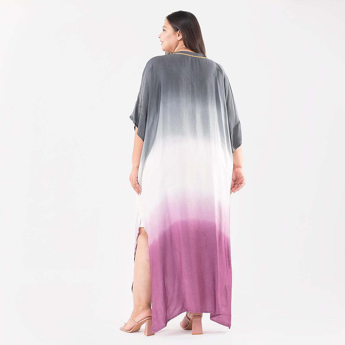 Tamsy Black Bemberg Silk Ombre Dye V-Neck with Lace Long Kaftan - One Size Fits Most image number 1