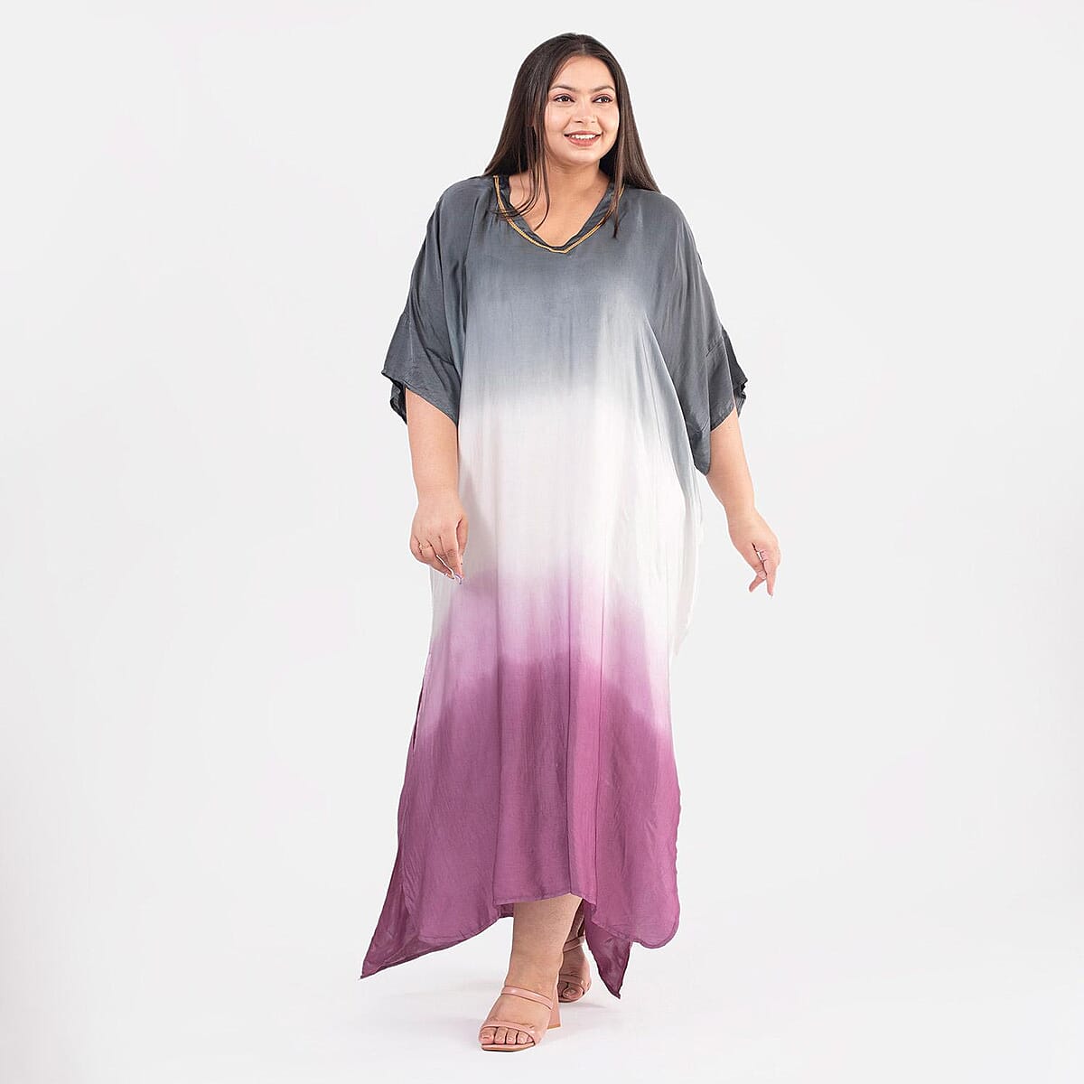 Tamsy Black Bemberg Silk Ombre Dye V-Neck with Lace Long Kaftan - One Size Fits Most image number 2