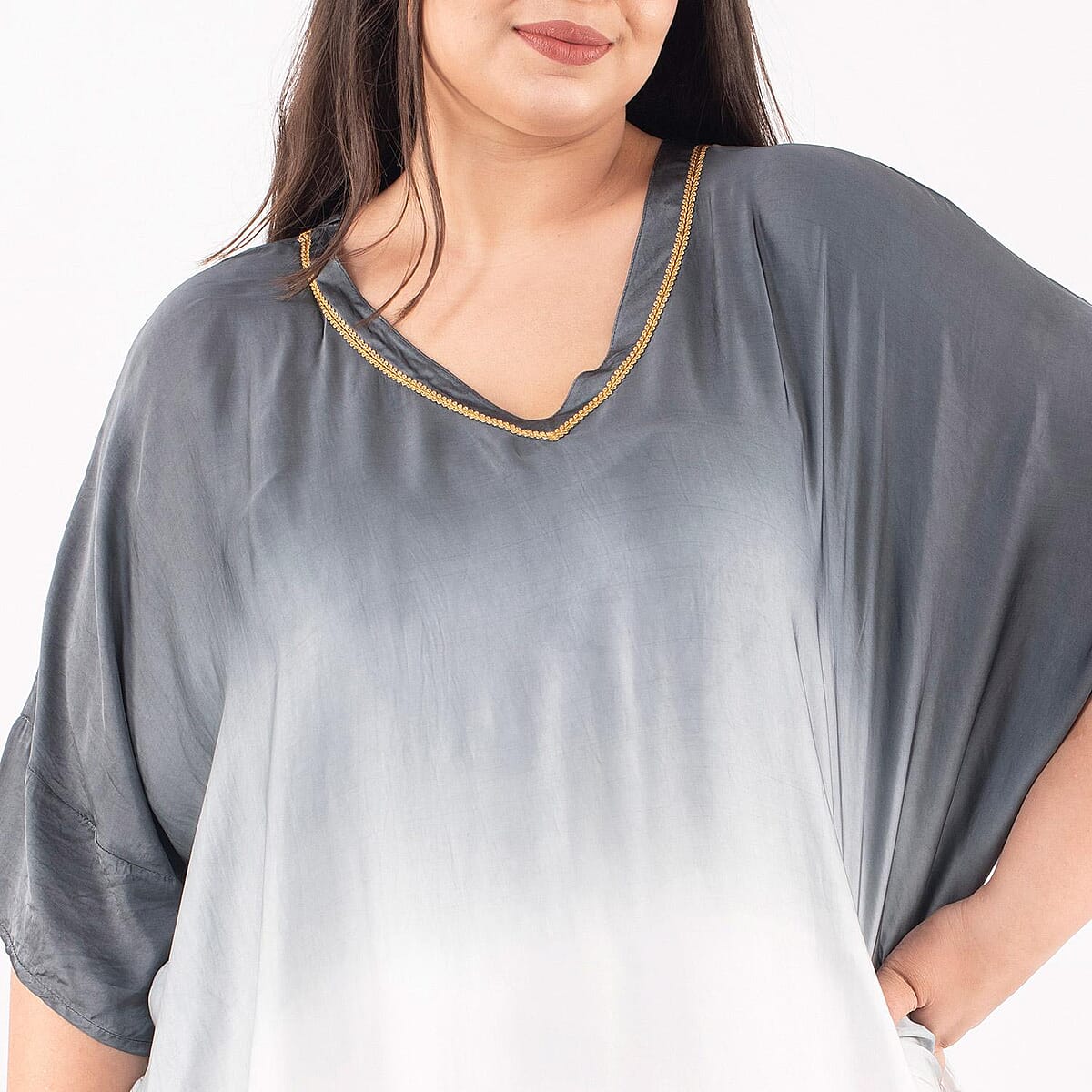 Tamsy Black Bemberg Silk Ombre Dye V-Neck with Lace Long Kaftan - One Size Fits Most image number 3