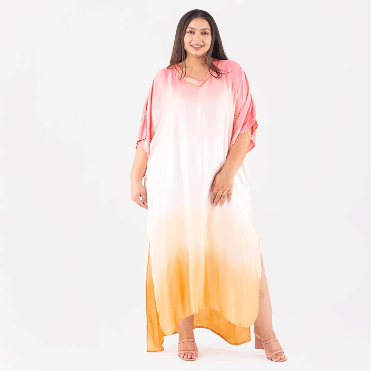 Tamsy Pink Ombre Dye V-Neck with Lace Long Kaftan - One Size Fits Most image number 0