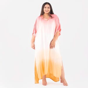 Tamsy Pink Ombre Dye V-Neck with Lace Long Kaftan - One Size Fits Most