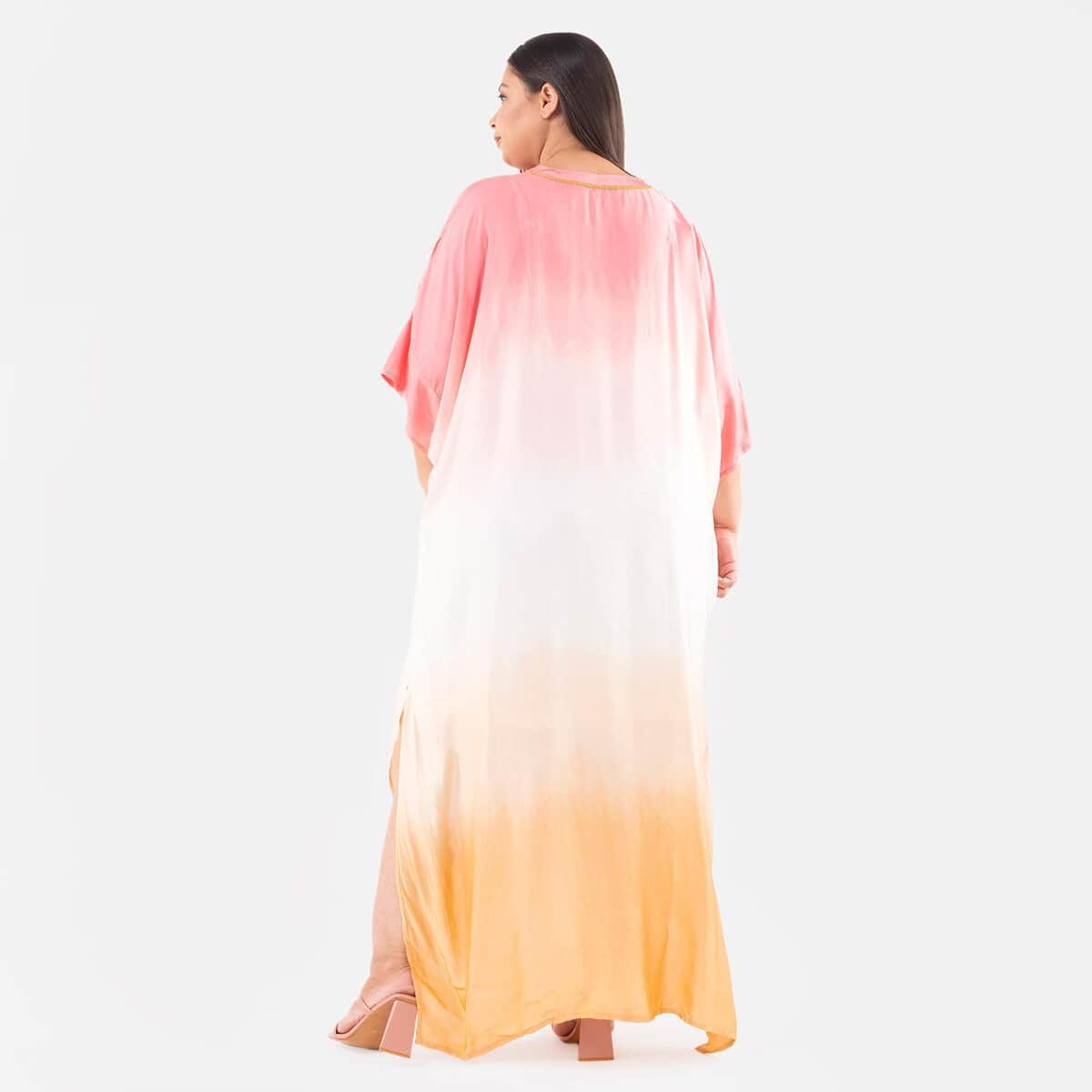 Tamsy Pink Ombre Dye V-Neck with Lace Long Kaftan - One Size Fits Most image number 1