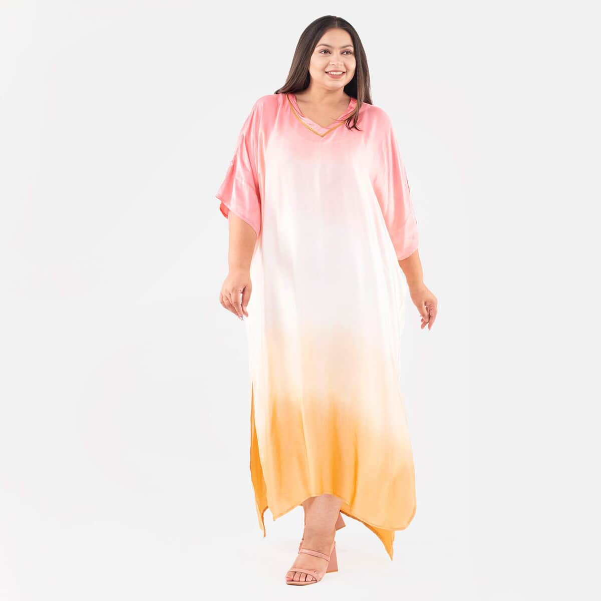 Tamsy Pink Ombre Dye V-Neck with Lace Long Kaftan - One Size Fits Most image number 2