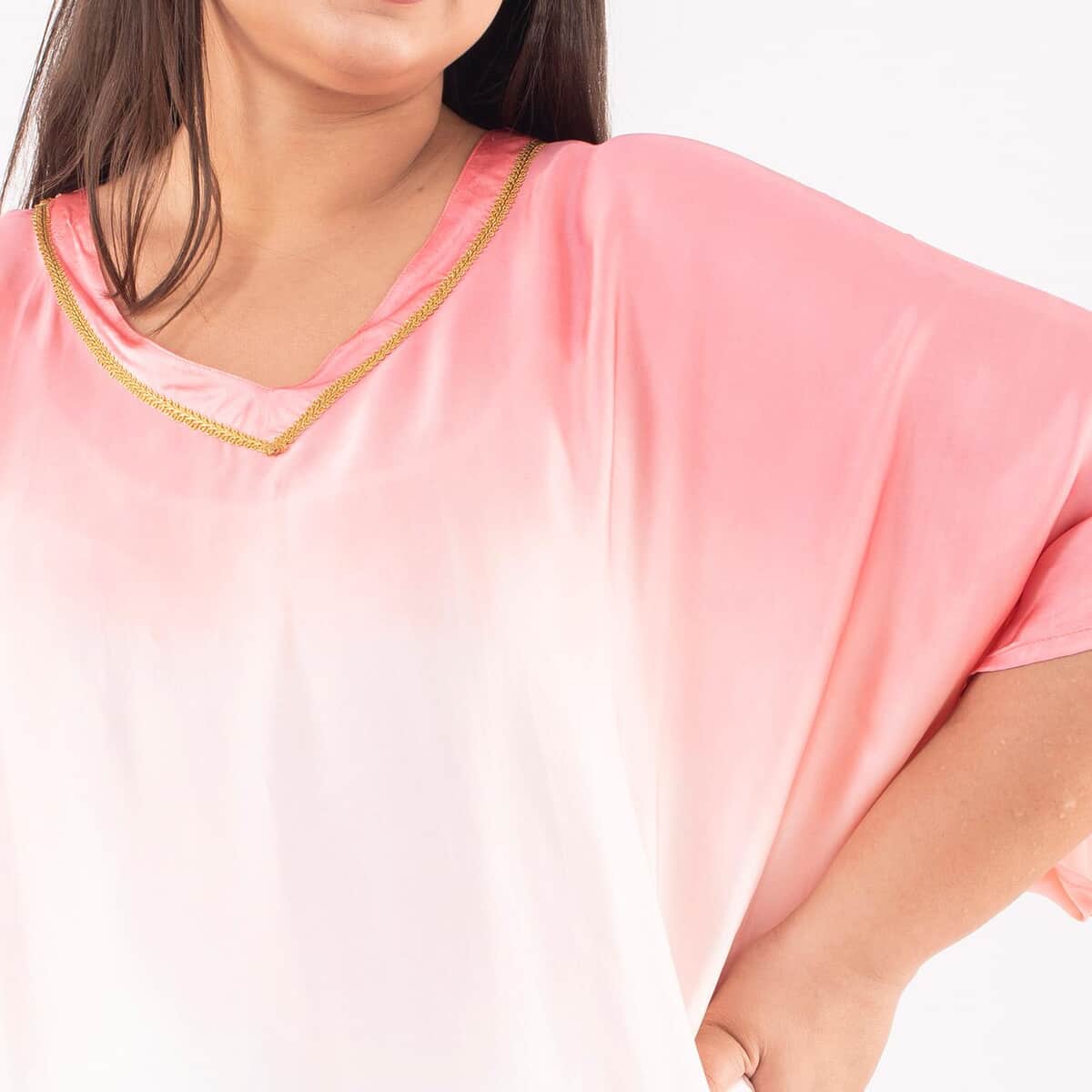 Tamsy Pink Ombre Dye V-Neck with Lace Long Kaftan - One Size Fits Most image number 3