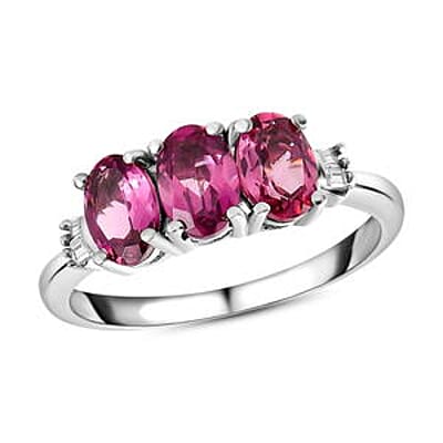 Lotus Garnet and White Diamond 1.74 ctw 3 Stone Ring in Platinum Over Sterling Silver (Size 6.5)