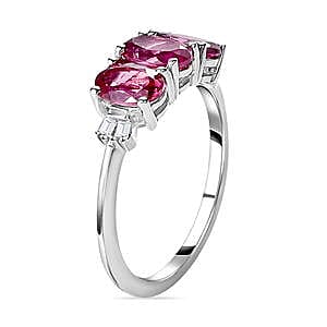 Lotus Garnet and White Diamond 1.74 ctw 3 Stone Ring in Platinum Over Sterling Silver (Size 6.5)
