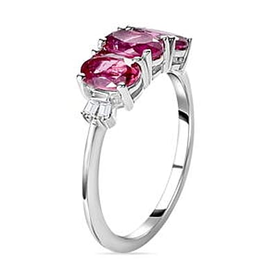 Lotus Garnet and White Diamond 1.74 ctw 3 Stone Ring in Platinum Over Sterling Silver (Size 6.5)
