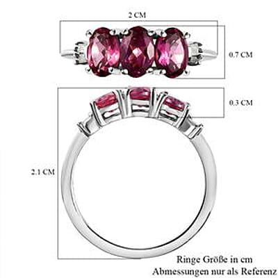 Lotus Garnet and White Diamond 1.74 ctw 3 Stone Ring in Platinum Over Sterling Silver (Size 6.5)