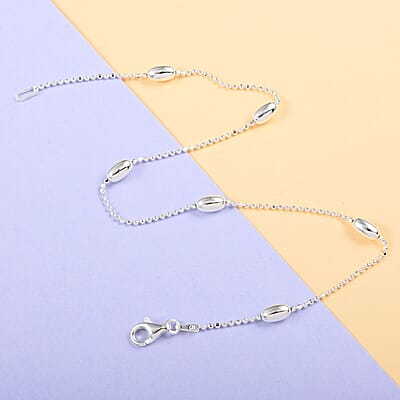Italian Sterling Silver 3.85mm Diamond Cut Oval Station Beaded Anklet (10 in) 2.90 Grams