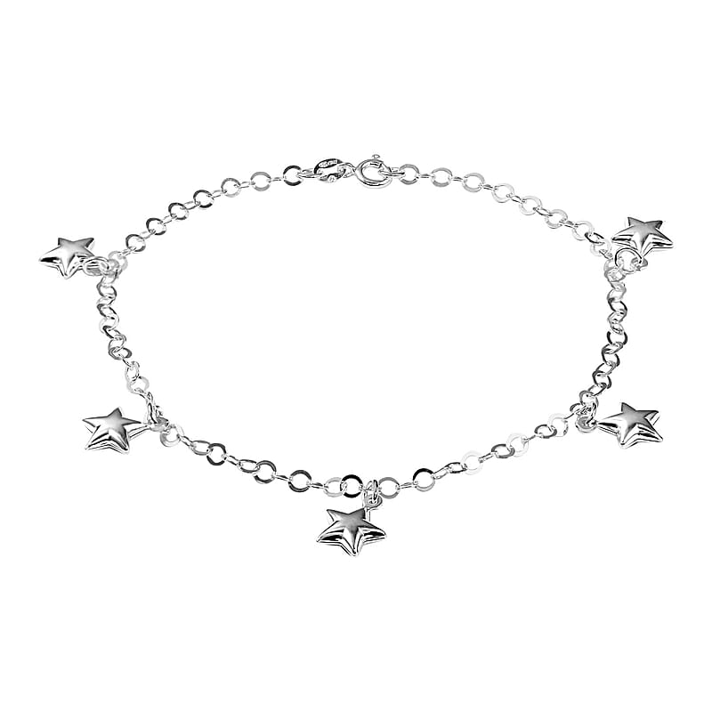 Italian Sterling Silver 3.5mm Rolo Chain Anklet with Star Charms (10 in) 4.20 Grams