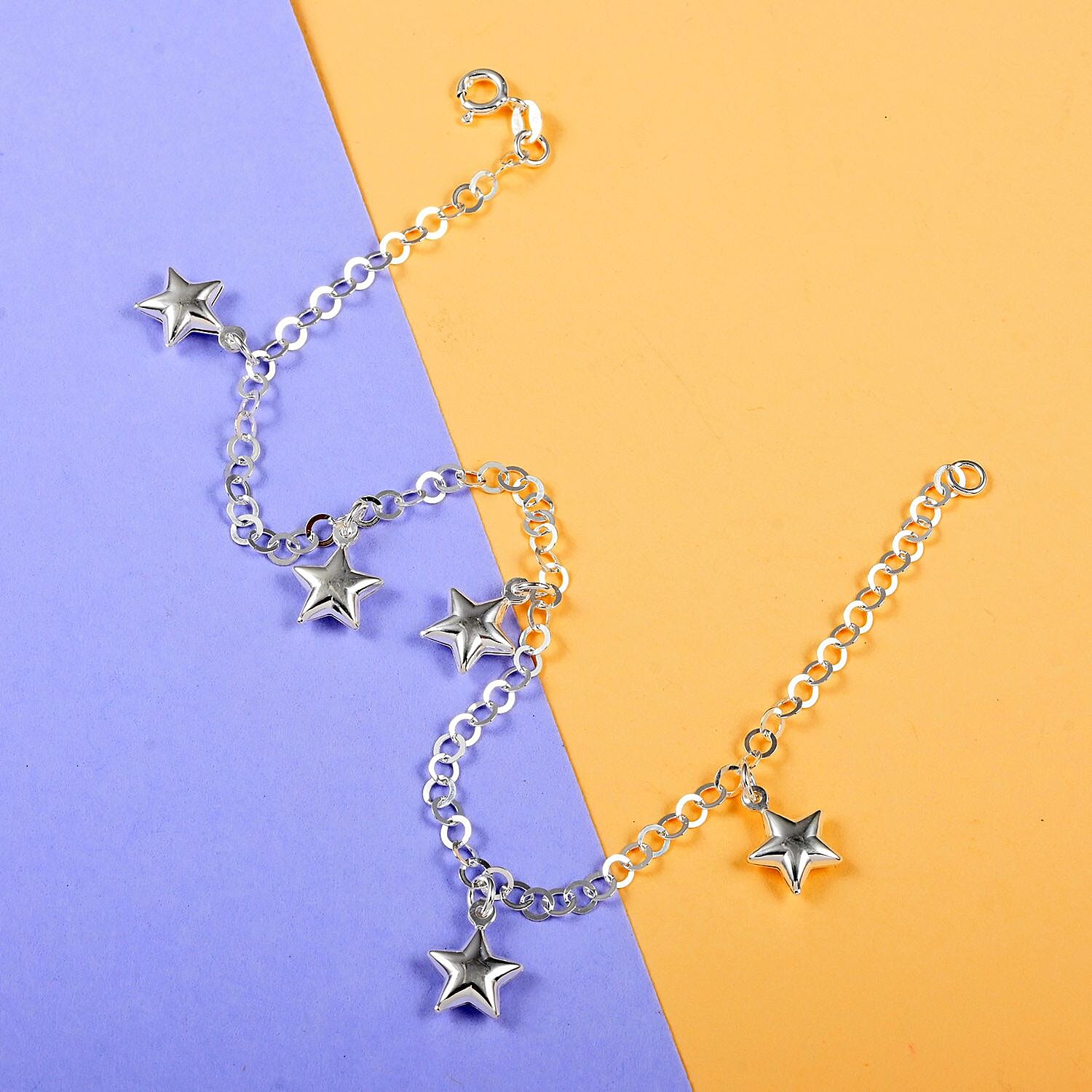 Italian Sterling Silver 3.5mm Rolo Chain Anklet with Star Charms (10 in) 4.20 Grams