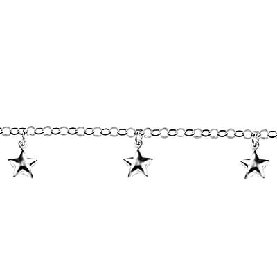 Italian Sterling Silver 3.5mm Rolo Chain Anklet with Star Charms (10 in) 4.20 Grams