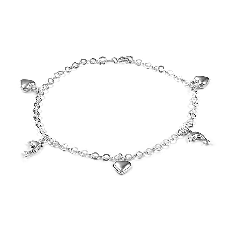 Italian Sterling Silver 3.5mm Rolo Chain Anklet with Heart and Dolphin Charms (10 in) 4.20 Grams